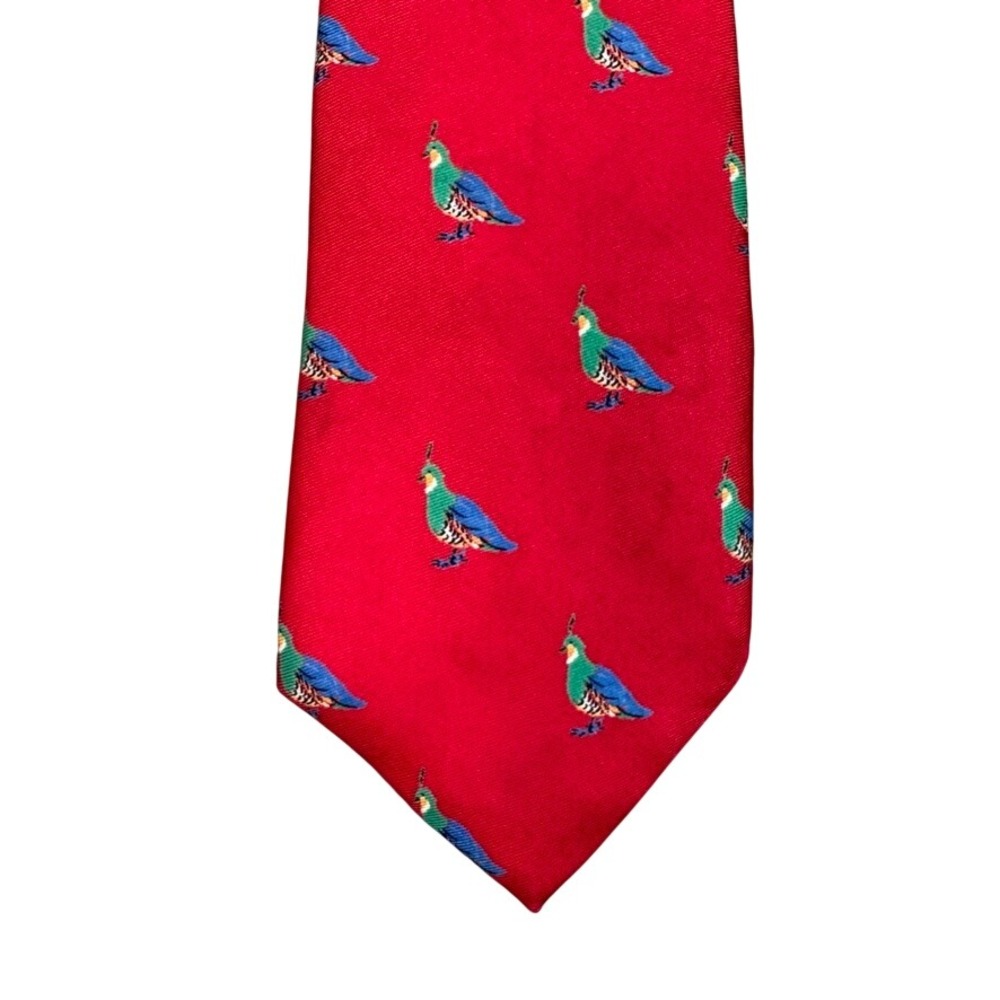 Bert Pulitzer Mens Red Silk Quail Bird Print Necktie Made in USA Vintage Sport